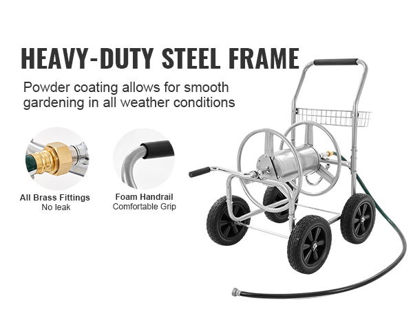 heavy-duty steel frame VEVOR hose reel cart with all brass fittings, foam handrail, four wheels, and a hose.