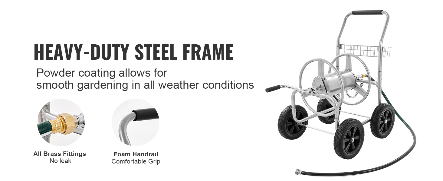 heavy-duty steel frame VEVOR hose reel cart with all brass fittings, foam handrail, four wheels, and a hose.