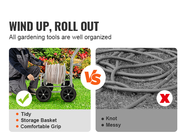 VEVOR hose reel cart keeps hoses tidy with storage basket and comfortable grip vs messy tangled hoses.