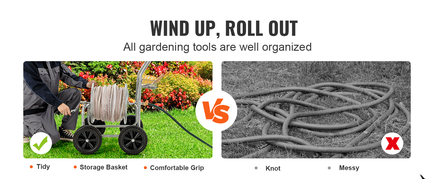 VEVOR hose reel cart keeps hoses tidy with storage basket and comfortable grip vs messy tangled hoses.