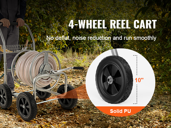 4-wheel VEVOR hose reel cart in a garden with solid pu tires and a coiled hose.
