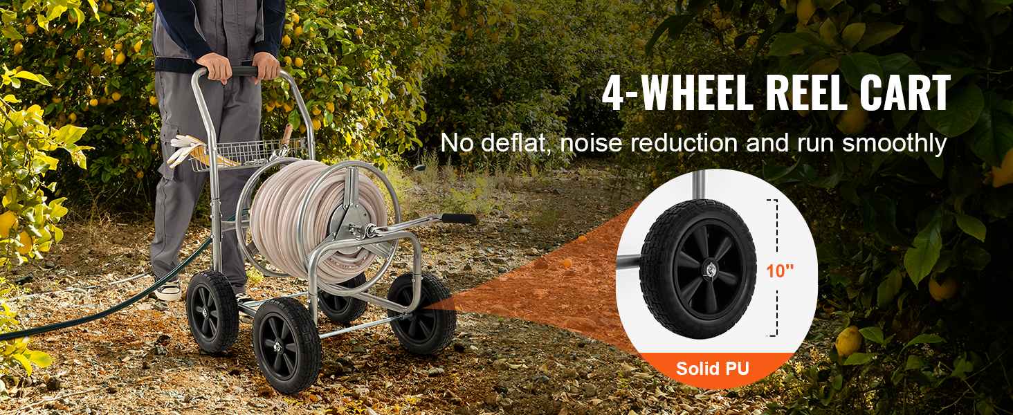 4-wheel VEVOR hose reel cart in a garden with solid pu tires and a coiled hose.