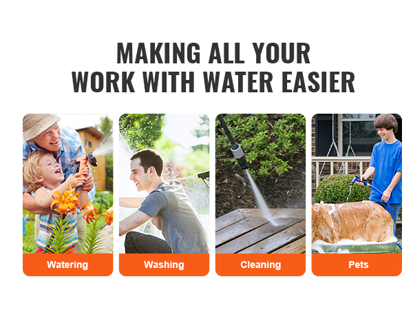 VEVOR hose reel cart in use for watering, washing, cleaning, and pets, making work with water easier.