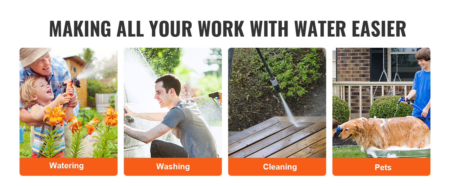 VEVOR hose reel cart in use for watering, washing, cleaning, and pets, making work with water easier.