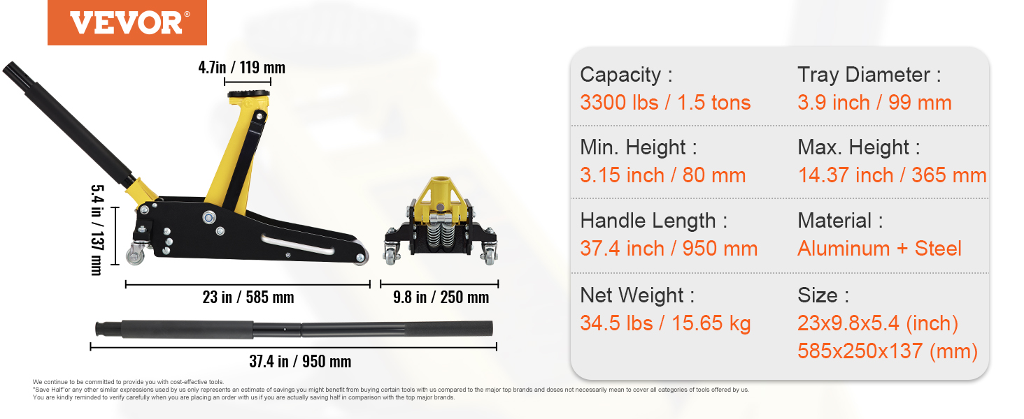 VEVOR sacīkšu grīdas domkrats dzeltenā krāsā, 3300 lbs ietilpība, 3,15-14,37 collu augstums, 37,4 collu roktura garums.