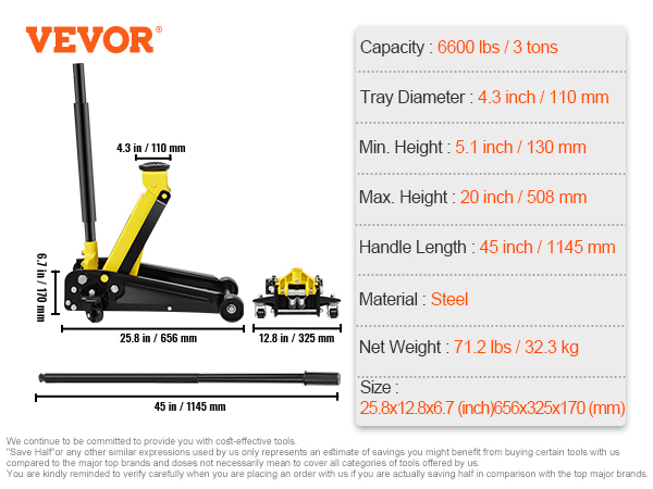 VEVOR grīdas domkrats, 6600 lbs ietilpība, 20 collu maksimālais augstums, tērauds, 71,2 lbs, 4,3 collu paplātes diametrs.