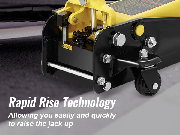 VEVOR grīdas domkrats ar ātras pacelšanas tehnoloģiju ātrai un vienkāršai automašīnas pacelšanai.