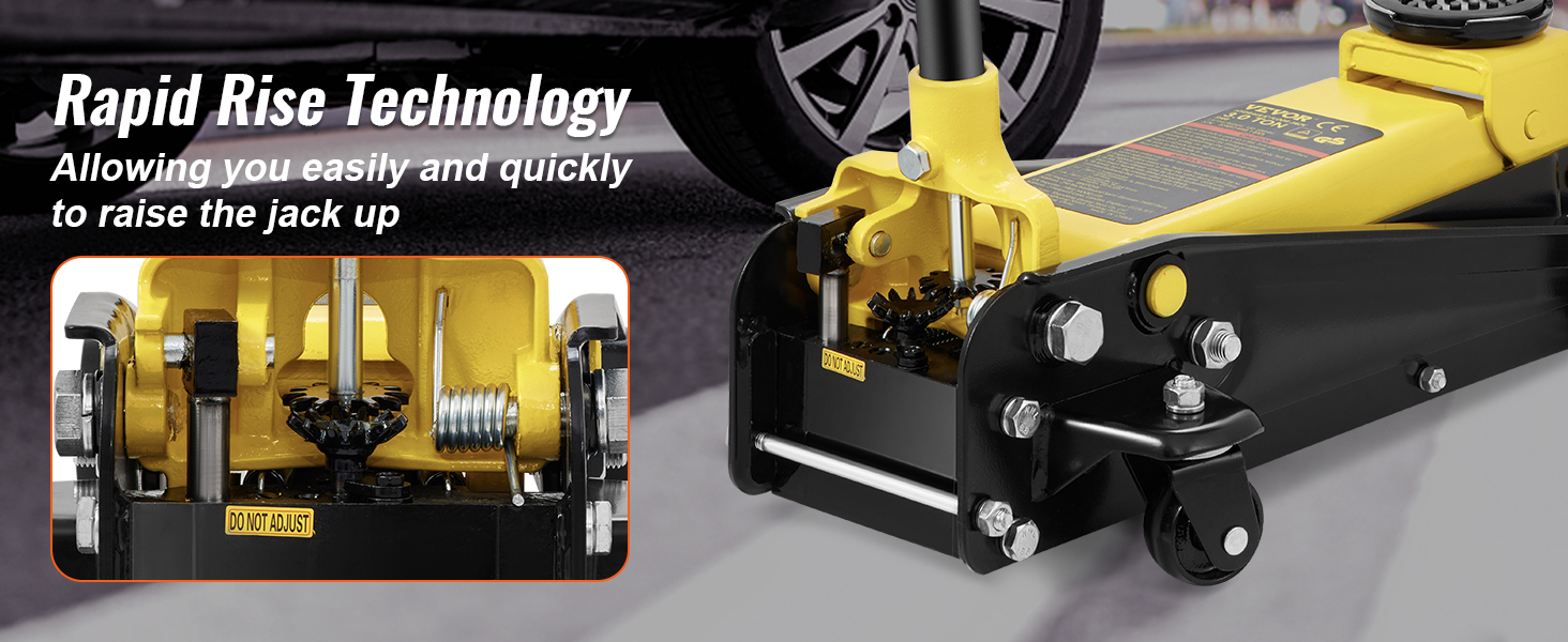 VEVOR grīdas domkrats ar ātras pacelšanas tehnoloģiju ātrai un vienkāršai automašīnas pacelšanai.