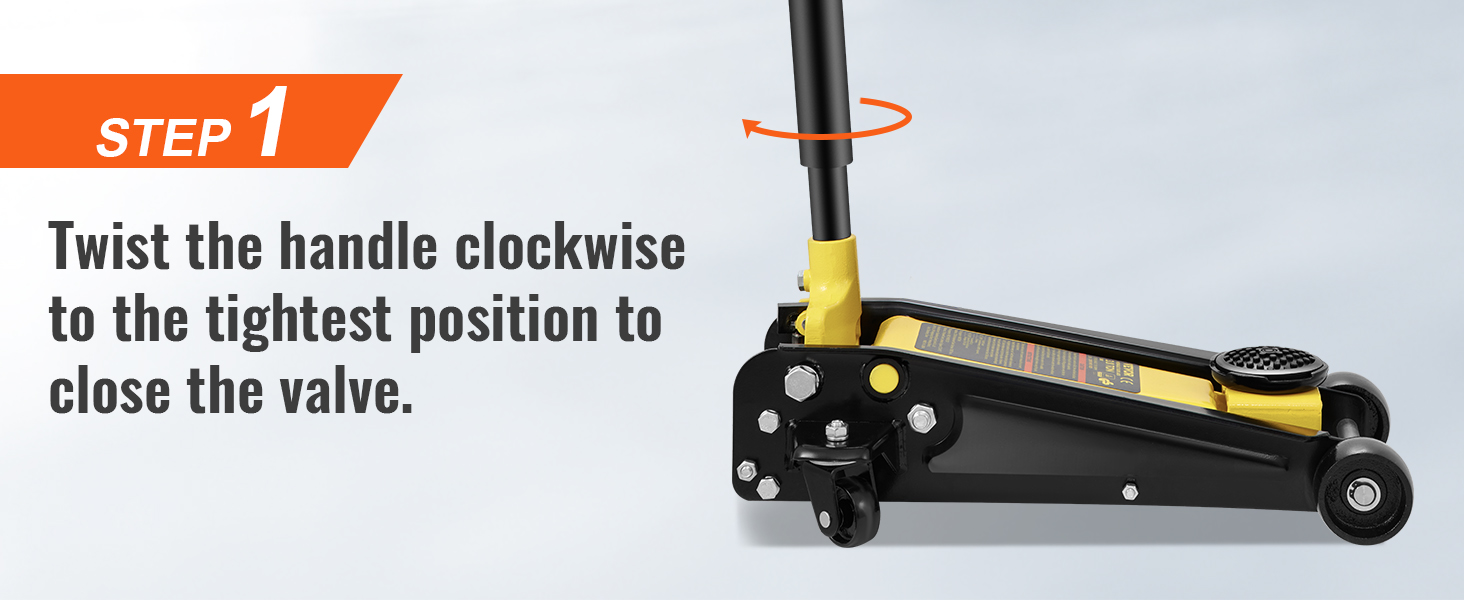 1. darbība: pagrieziet rokturi pulksteņrādītāja virzienā, lai aizvērtu VEVOR grīdas domkrata vārstu.