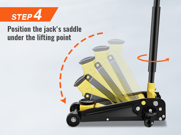 4. darbība: pagrieziet rokturi pretēji pulksteņrādītāja virzienam, lai nolaistu VEVOR grīdas domkratu; attēls ir ar virziena bultiņām.