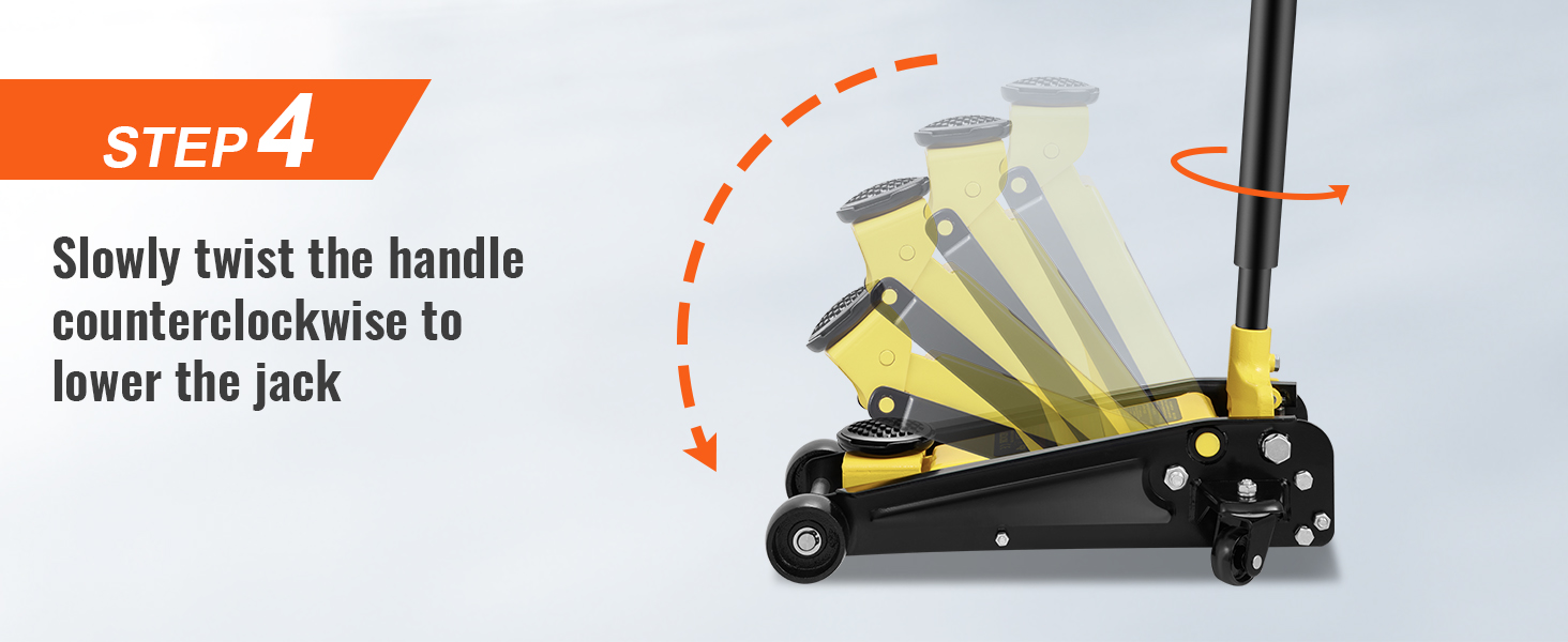 4. darbība: pagrieziet rokturi pretēji pulksteņrādītāja virzienam, lai nolaistu VEVOR grīdas domkratu; attēls ir ar virziena bultiņām.