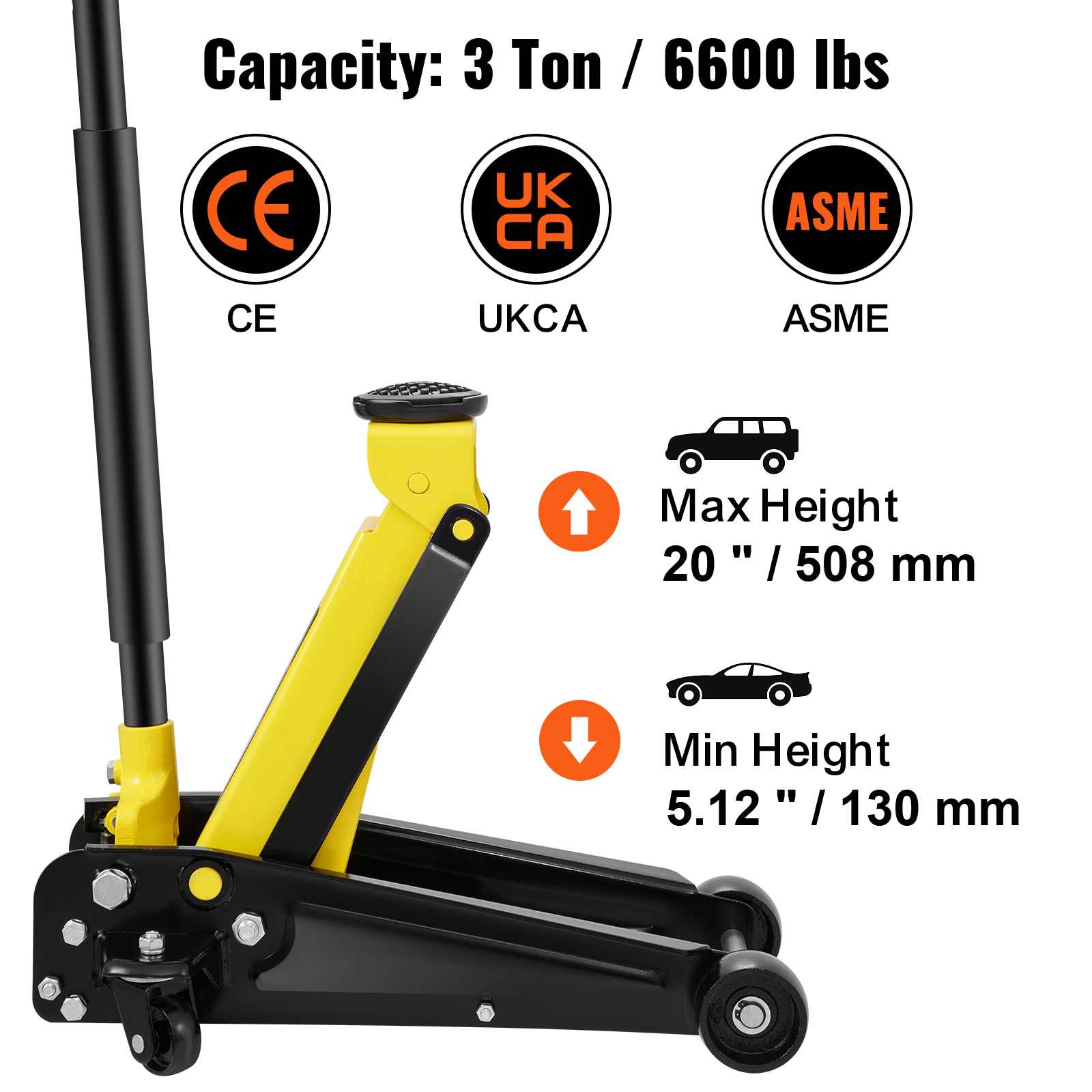 3 tonnu VEVOR grīdas domkrats, 6600 lbs, maks. augstums 20", min. augstums 5,12", sertificēts atbilstoši Ce, Ukca, Asme standartiem.