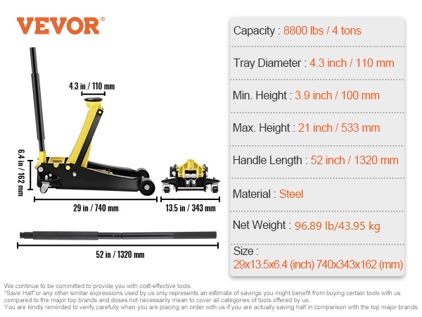 VEVOR floor jack specifications: 4-ton capacity, hydraulic dual pump, steel, 3.9-21 in height, 29x13.5x6.4 in size.