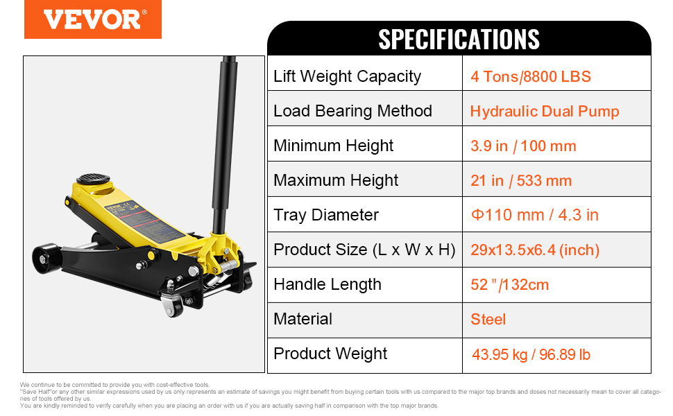VEVOR floor jack specifications: 4-ton capacity, hydraulic dual pump, steel, 3.9-21 in height, 29x13.5x6.4 in size.