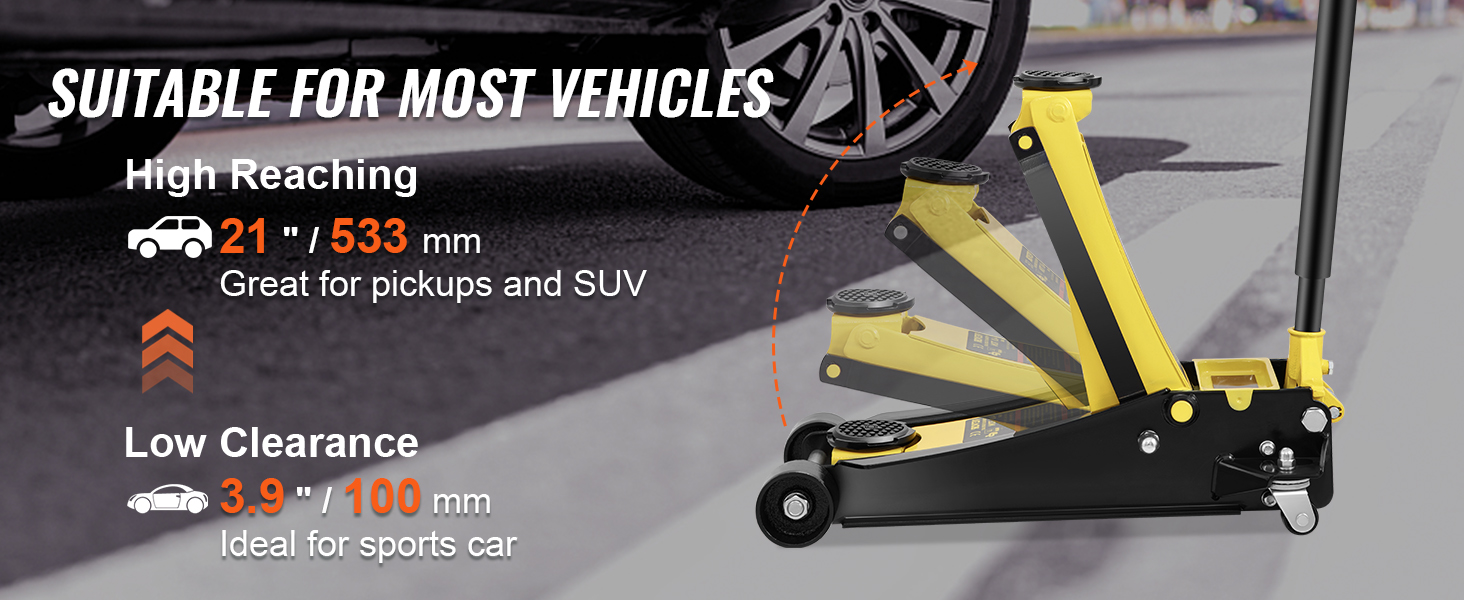 VEVOR grīdas domkrats transportlīdzekļa pacelšanai, demonstrējot augstu, 21 collu augstumu pikapiem un apvidus automašīnām, zemu klīrensu 3,9 collas sporta automašīnām.