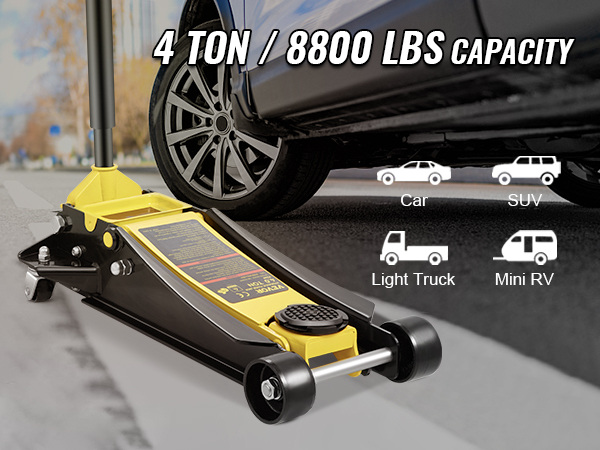 VEVOR grīdas domkrats, 4 tonnu celtspēja, automašīnas pacelšanai ar ikonām vieglajām automašīnām, apvidus auto, vieglajiem kravas auto, mini kemperiem.