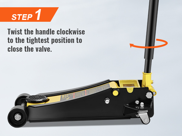 1. darbība: pagrieziet rokturi pulksteņrādītāja virzienā, lai aizvērtu VEVOR grīdas domkrata vārstu.