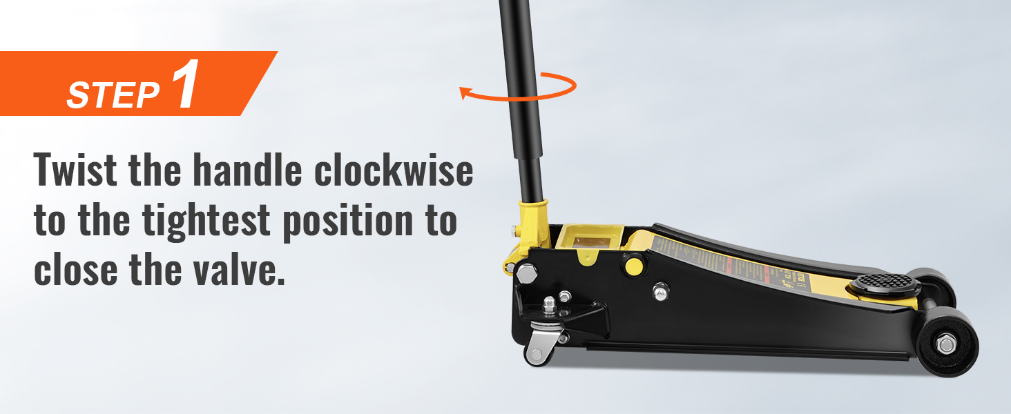 1. darbība: pagrieziet rokturi pulksteņrādītāja virzienā, lai aizvērtu VEVOR grīdas domkrata vārstu.