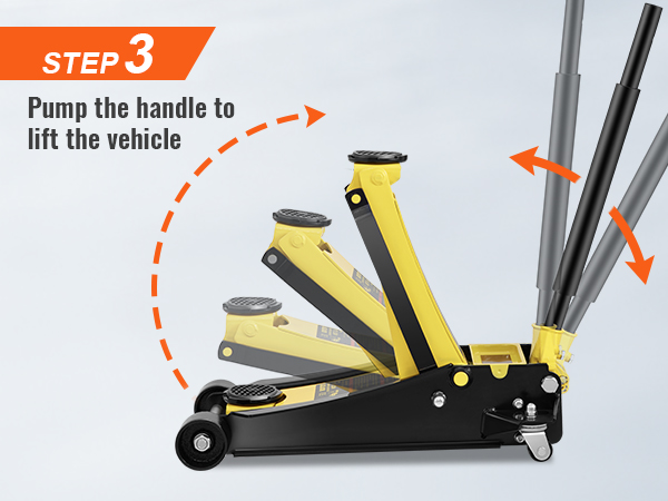 3. solis. Norādījumi transportlīdzekļa pacelšanai, izmantojot VEVOR grīdas domkratu.