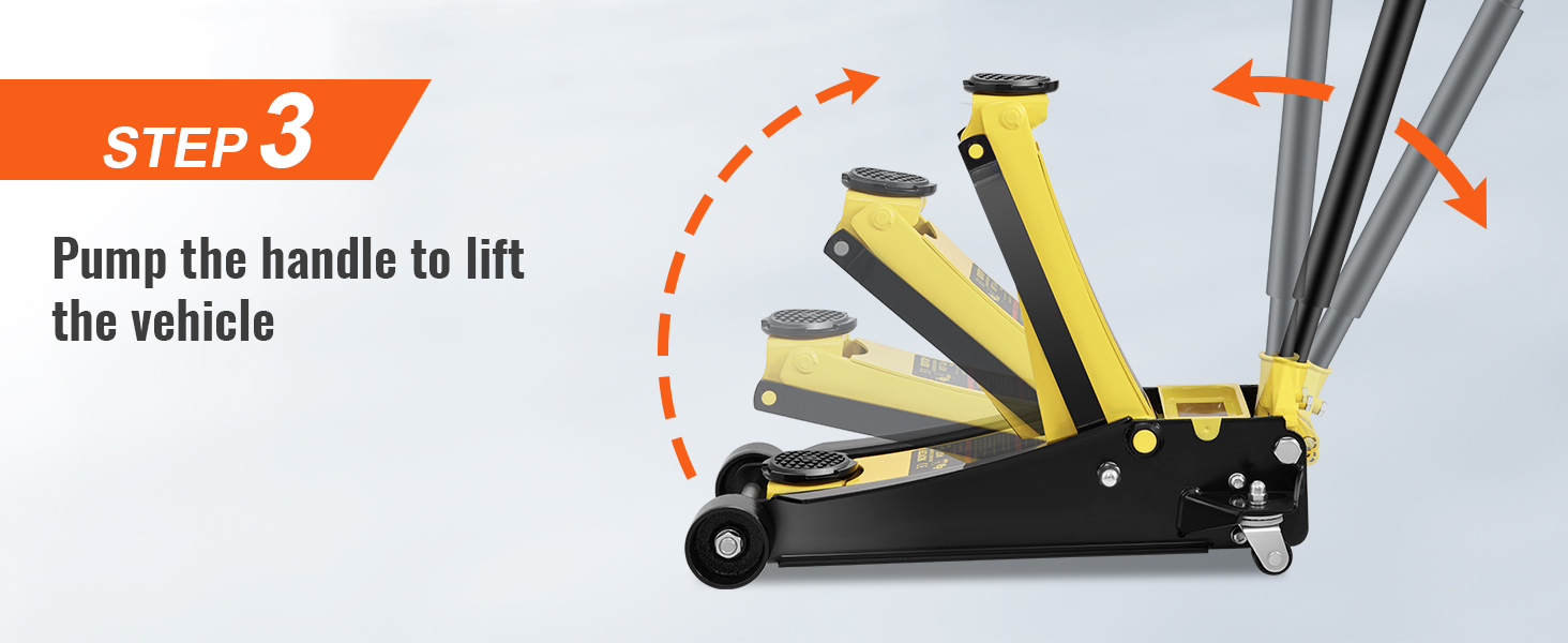 3. solis. Norādījumi transportlīdzekļa pacelšanai, izmantojot VEVOR grīdas domkratu.