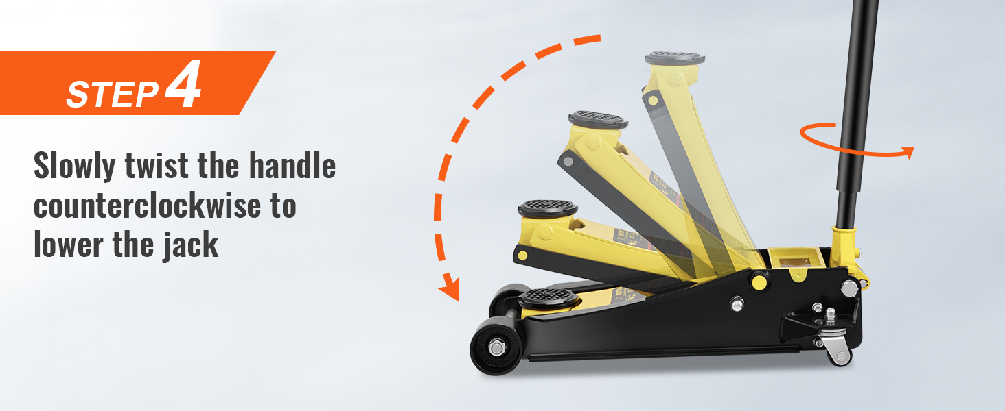 4. darbība: lēnām pagrieziet rokturi pretēji pulksteņrādītāja virzienam, lai nolaistu VEVOR grīdas domkratu.