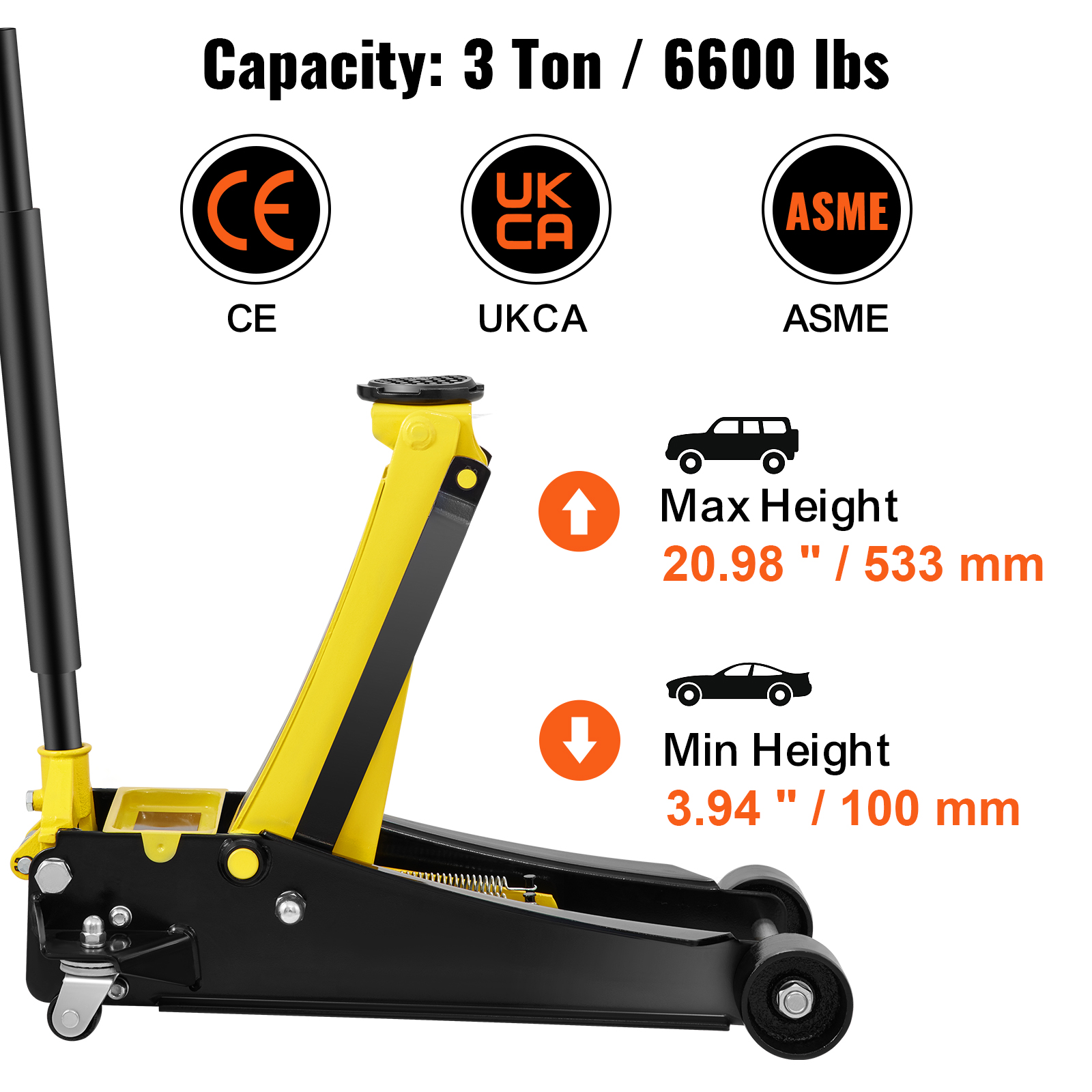VEVOR floor jack with 3-ton capacity, 20.98" max height, 3.94" min height, ce, ukca, asme certified.