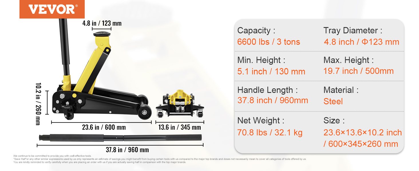 VEVOR 3 ton floor jack with 6600 lbs capacity, 19.7 in max height, and 4.8 in tray diameter.