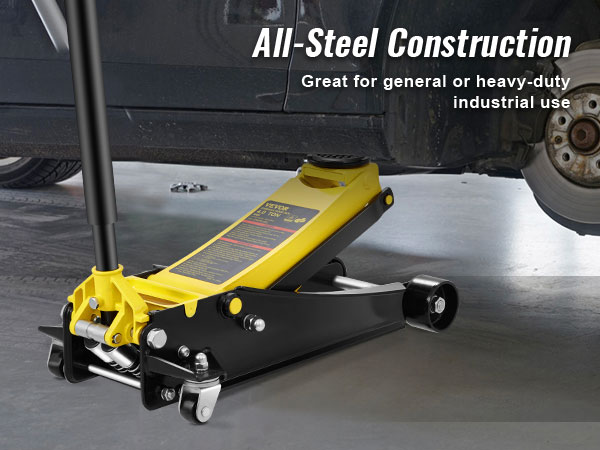 VEVOR 3 ton grindų jack kėlimo automobilių susiduria su stabdžių diskas, pademonstruotų savo all-plieno konstrukcija.