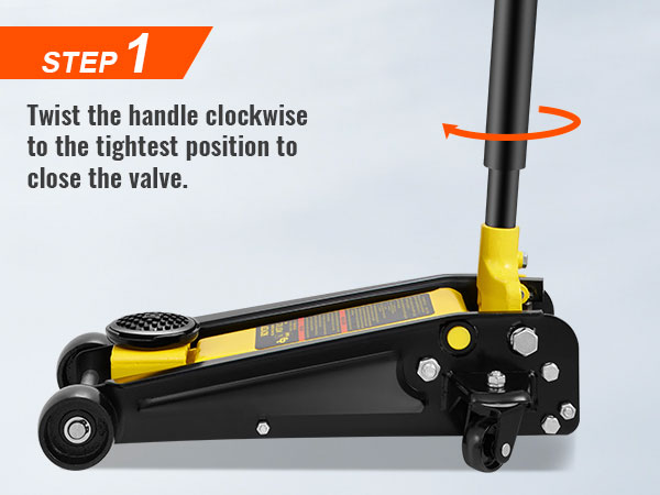 1 žingsnis instrukcijos sukimo rankena VEVOR 3 ton grindų jack pagal laikrodžio rodyklę sugriežtinti vožtuvas.