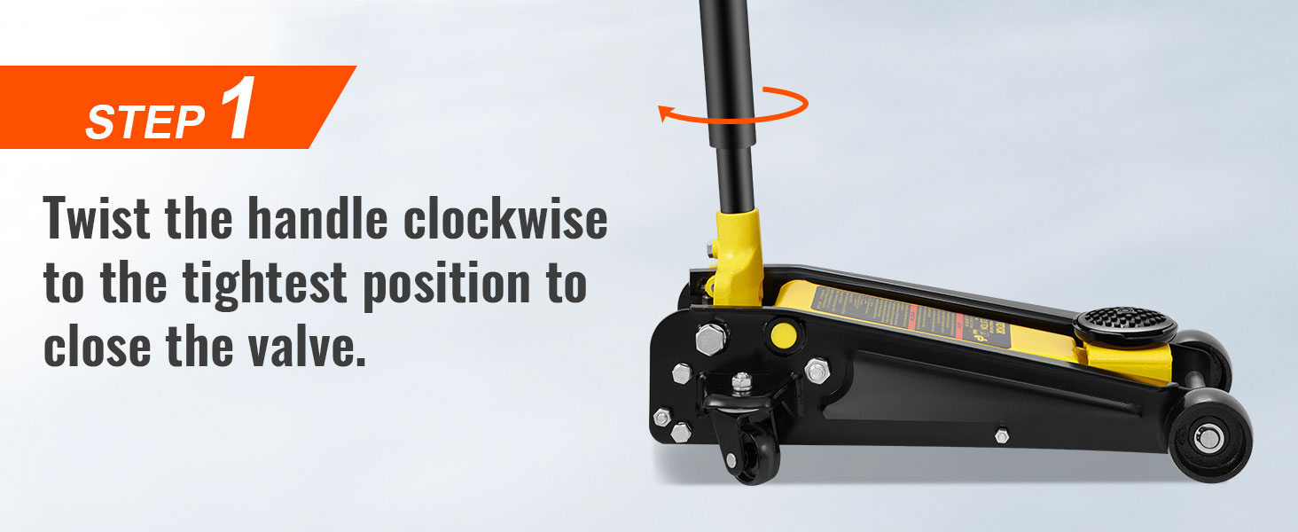 1 žingsnis instrukcijos sukimo rankena VEVOR 3 ton grindų jack pagal laikrodžio rodyklę sugriežtinti vožtuvas.