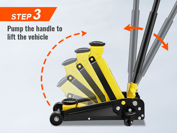 3 žingsnis: siurblio rankena liftas, transporto priemonės su VEVOR 3 ton grindų lizdas, geltona ir black jack in motion.