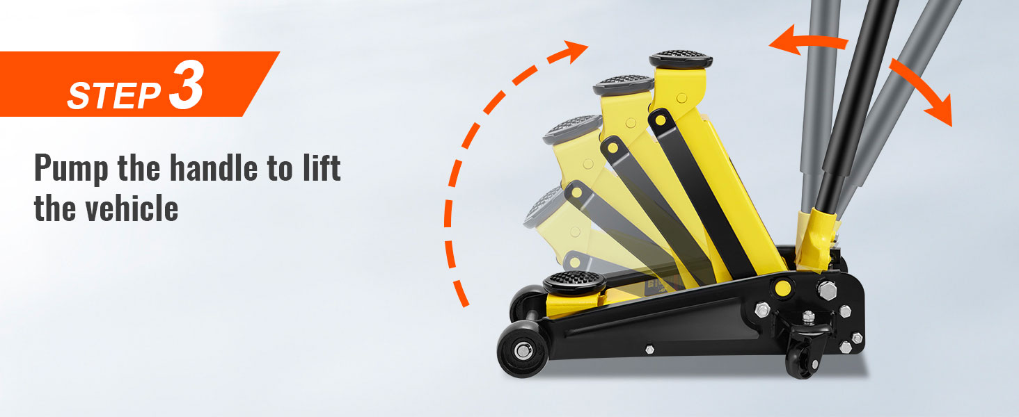 3 žingsnis: siurblio rankena liftas, transporto priemonės su VEVOR 3 ton grindų lizdas, geltona ir black jack in motion.