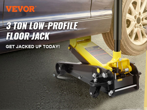VEVOR 3 ton floor jack lifting a car with a person working on the tire. "get jacked up today!" slogan.