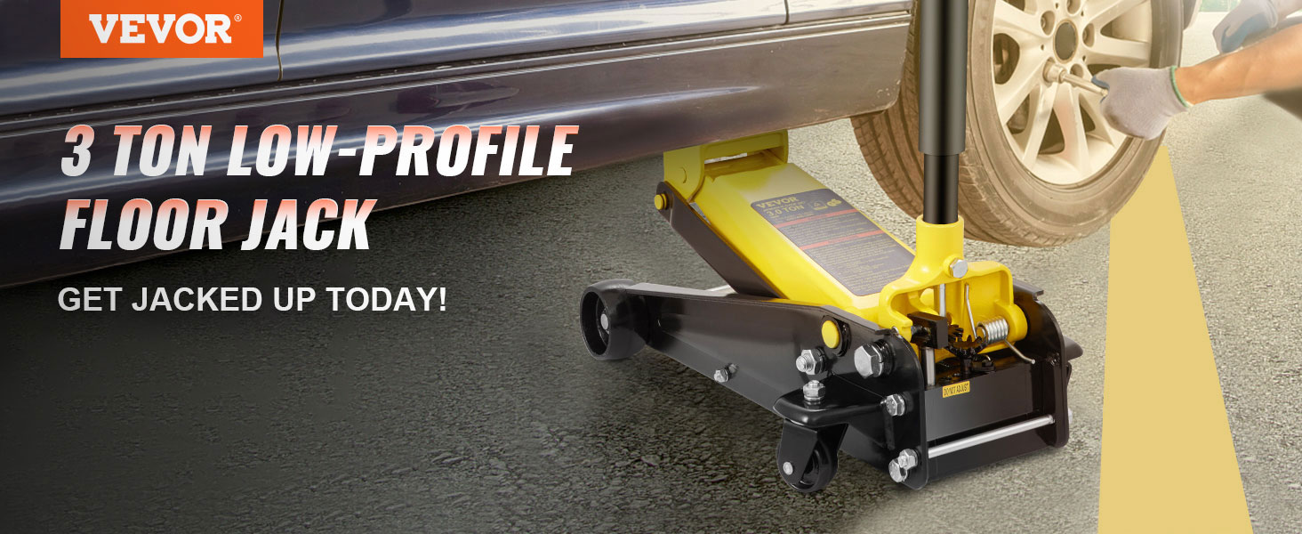 VEVOR 3 ton floor jack lifting a car with a person working on the tire. "get jacked up today!" slogan.