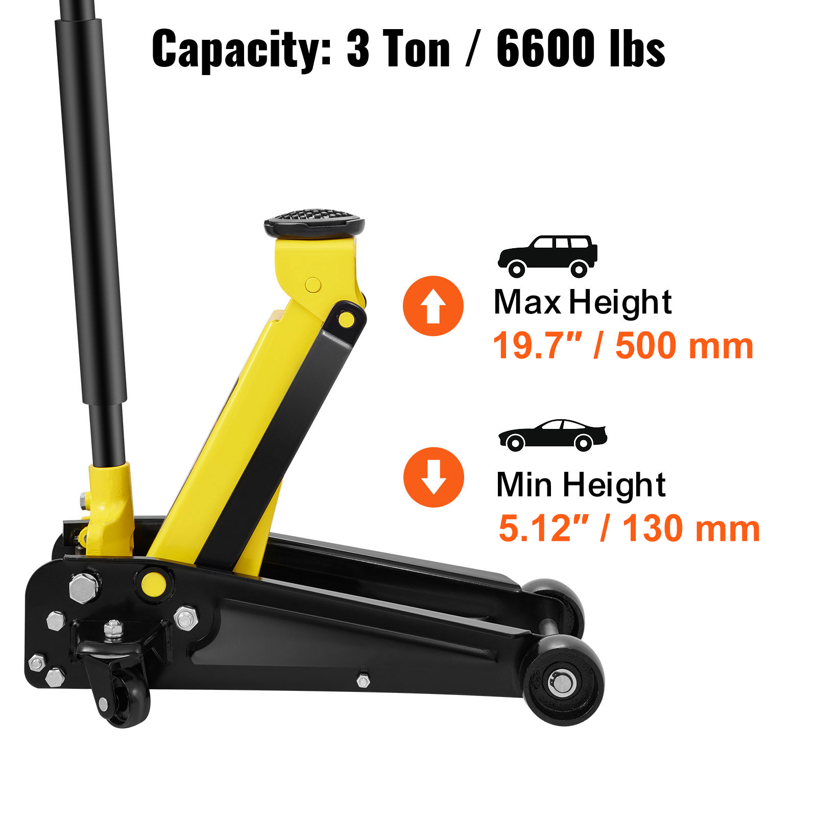 VEVOR 3 ton floor jack, lifting capacity 6600 lbs, max height 19.7"-500 mm, min height 5.12"-130 mm.