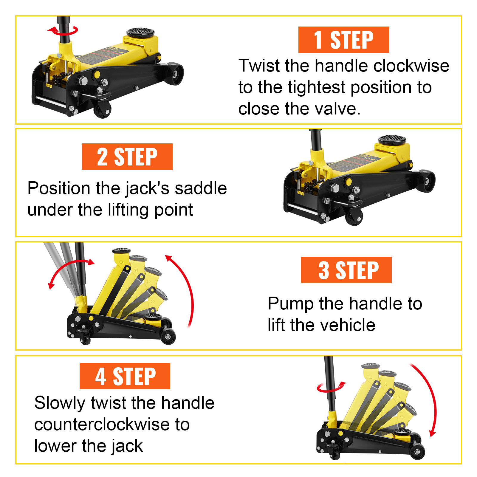 VEVOR 3 ton floor jack usage steps: twist handle to close valve, position saddle, pump handle, lower jack.