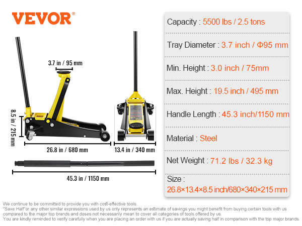 VEVOR floor jack specifications: 5500 lbs capacity, 3.0-19.5 inch lift range, 45.3-inch handle, 71.2 lbs weight.