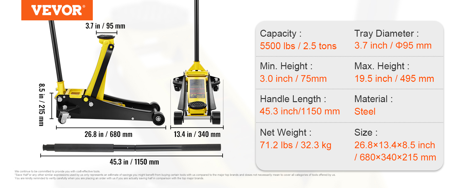 VEVOR floor jack specifications: 5500 lbs capacity, 3.0-19.5 inch lift range, 45.3-inch handle, 71.2 lbs weight.