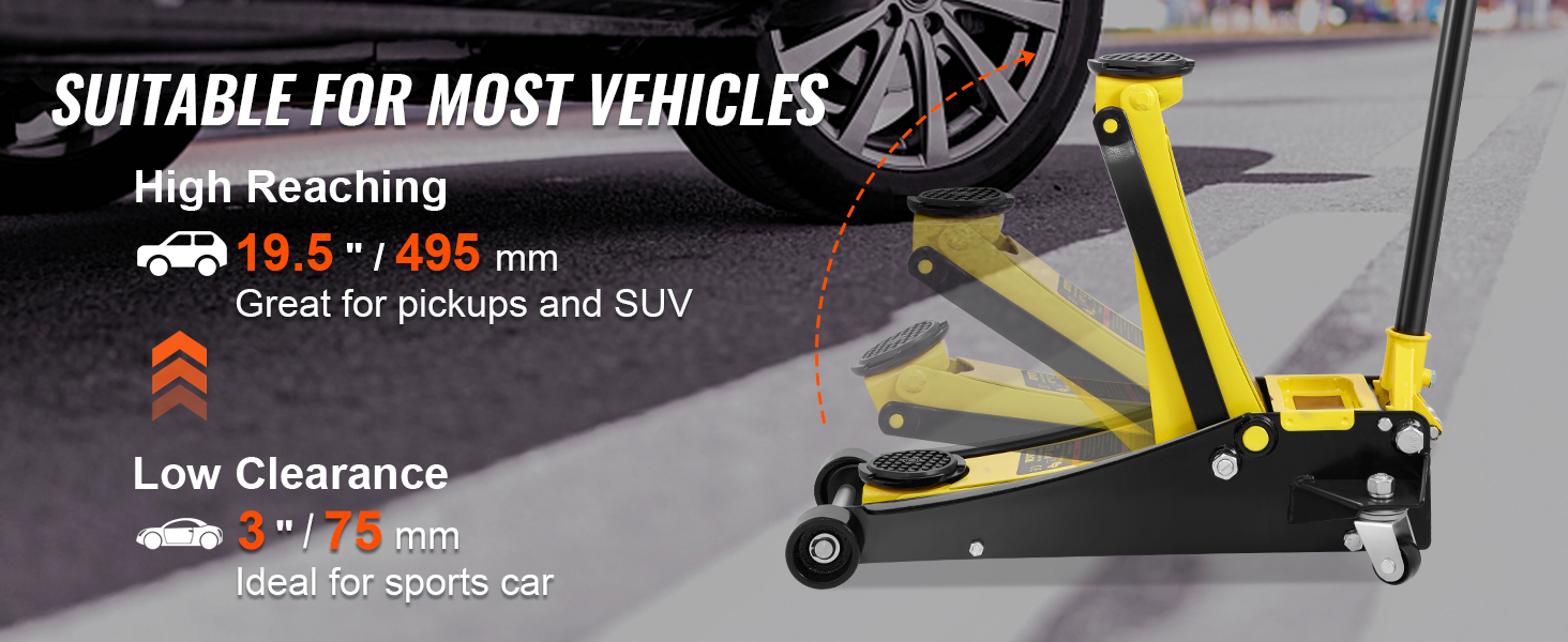 VEVOR korrus jack näitab kõrge jõuda (19.5"/495 mm) ja madal kliirens (3"/75mm) erinevate sõidukitega.