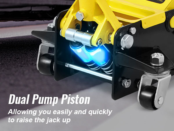 VEVOR korrus jack koos kahe pumba kolb on kiire ja lihtne sõiduki tõstmiseks. kollane ja must disain.