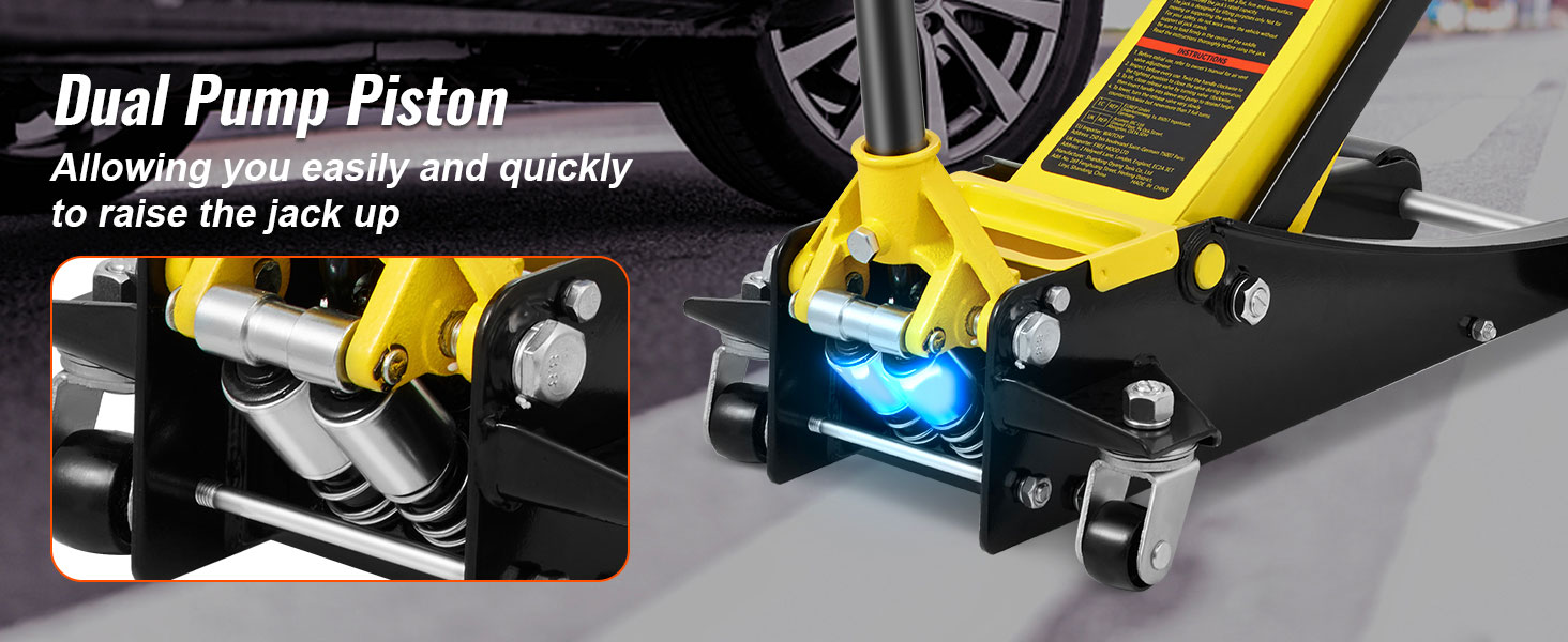 VEVOR korrus jack koos kahe pumba kolb on kiire ja lihtne sõiduki tõstmiseks. kollane ja must disain.