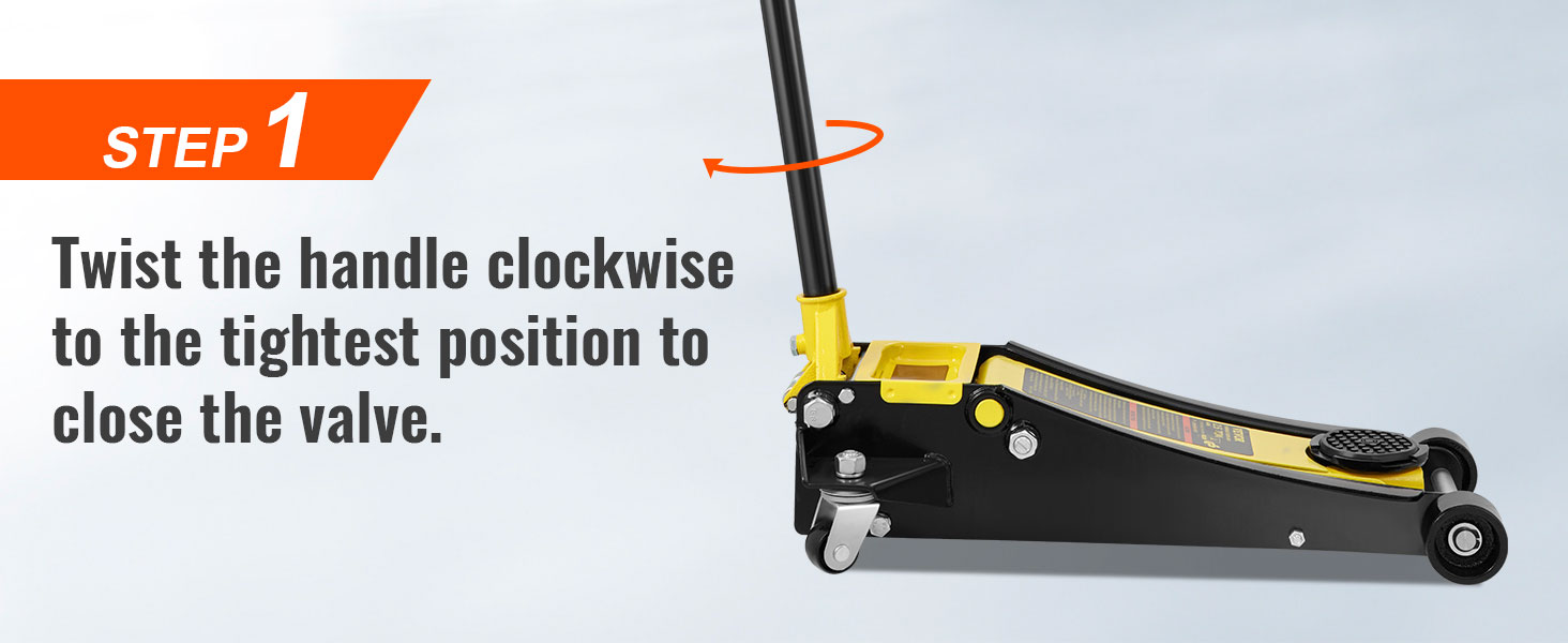 samm 1 kasutades VEVOR korrus jack: keerake käepidet päripäeva, et tihedam seisukoht, sulgege ventiil.