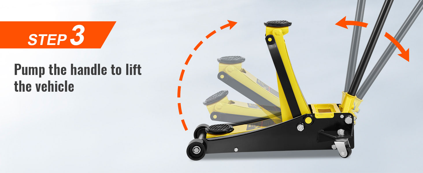 samm 3 kasutades VEVOR korrus jack: pumba käepide lift sõiduki.