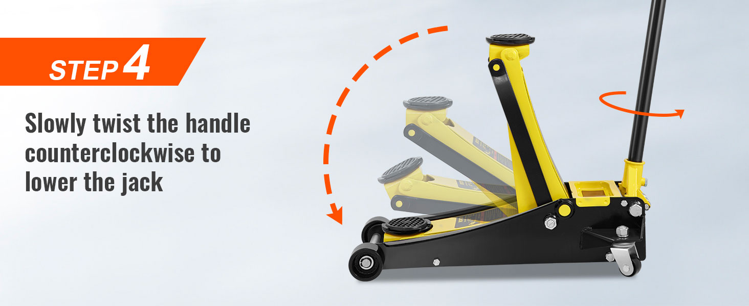 samm 4: aeglaselt keerata käepidet vastupäeva, et vähendada VEVOR korrus jack.