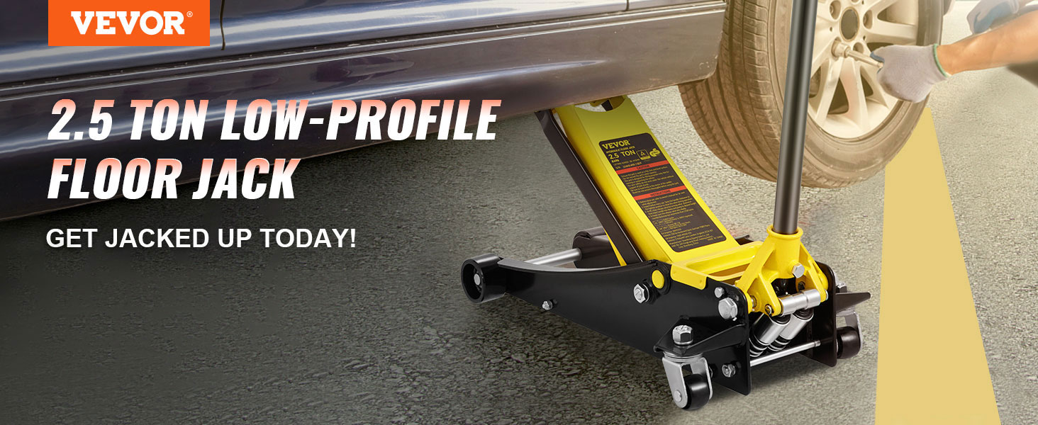 VEVOR floor jack lifting a car while a person prepares to change the tire.