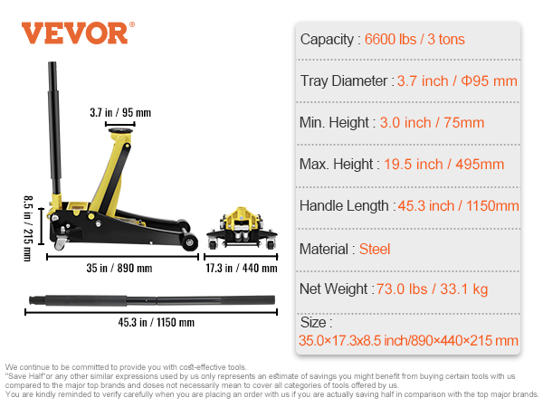 VEVOR floor jack specifications: 6600 lbs capacity, 3-19.5 in height, 45.3 in handle length, 73 lbs weight.