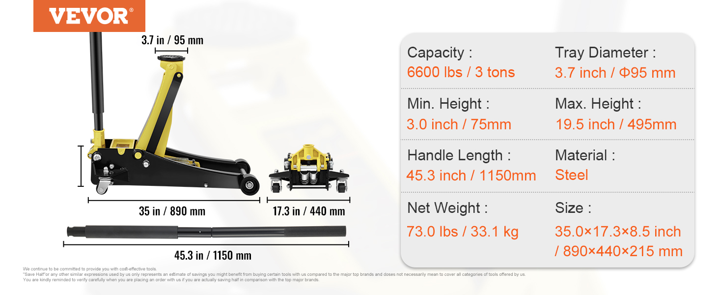 VEVOR floor jack specifications: 6600 lbs capacity, 3-19.5 in height, 45.3 in handle length, 73 lbs weight.