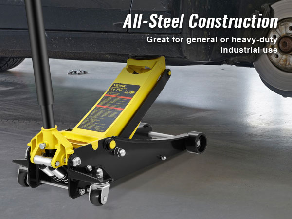 VEVOR grindų jack kėlimo automobilį su tekstu pabrėžiant jos visos plieno konstrukcijos sunkiųjų naudoti.