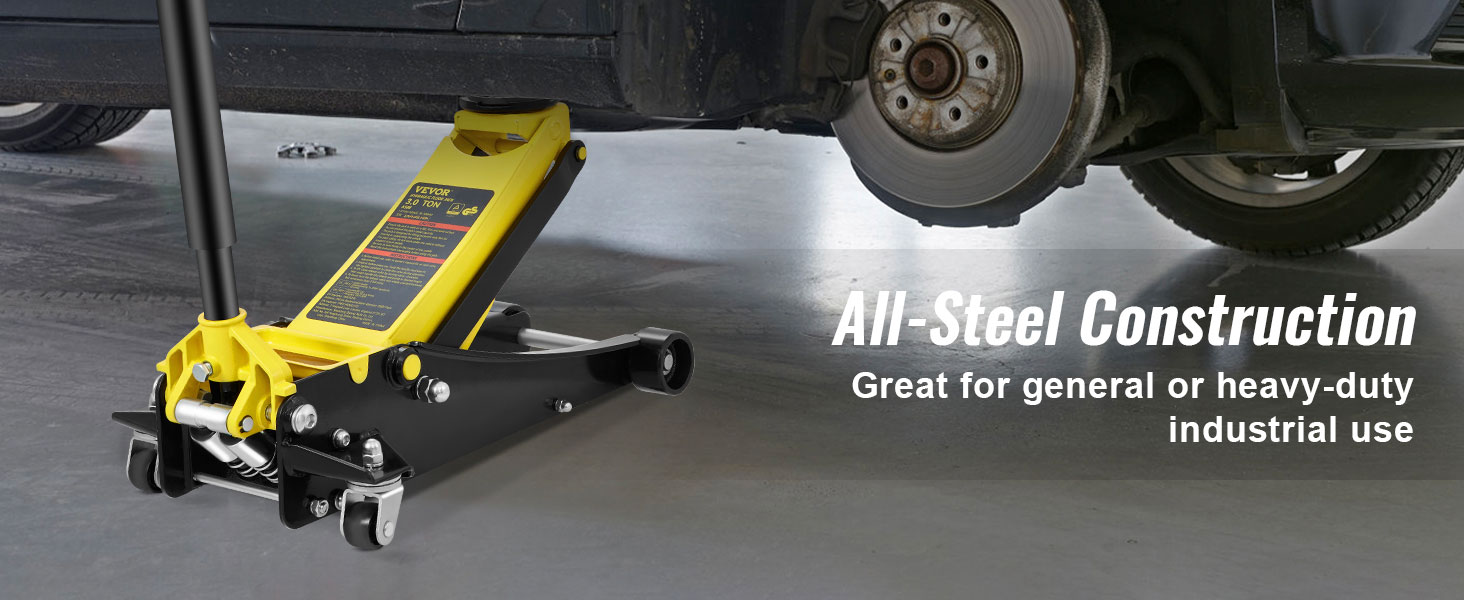 VEVOR grindų jack kėlimo automobilį su tekstu pabrėžiant jos visos plieno konstrukcijos sunkiųjų naudoti.
