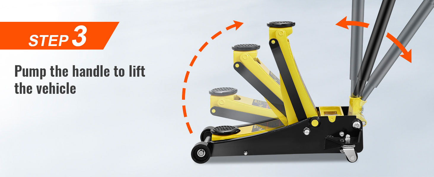 3 žingsnis: naudokite VEVOR grindų jack siurbimo rankena pakelti transporto priemonę.